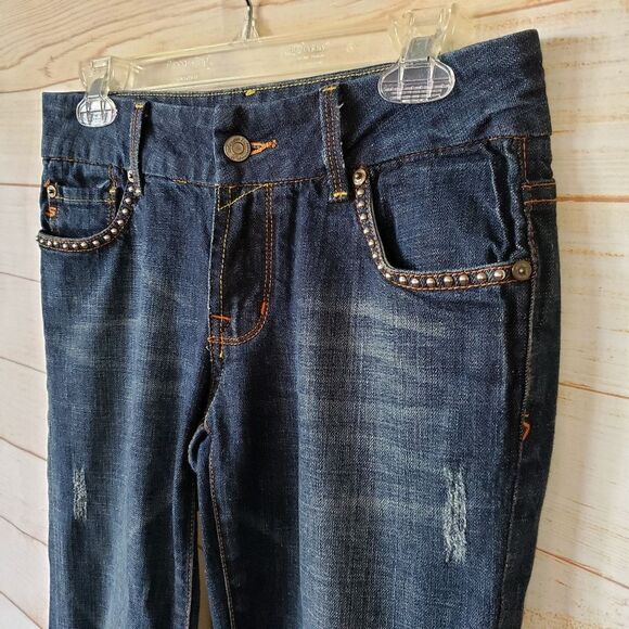 7 For All Mankind Embellished Rhinestone Distressed Regular Bootcut Denim Jeans - Picture 3 of 12
